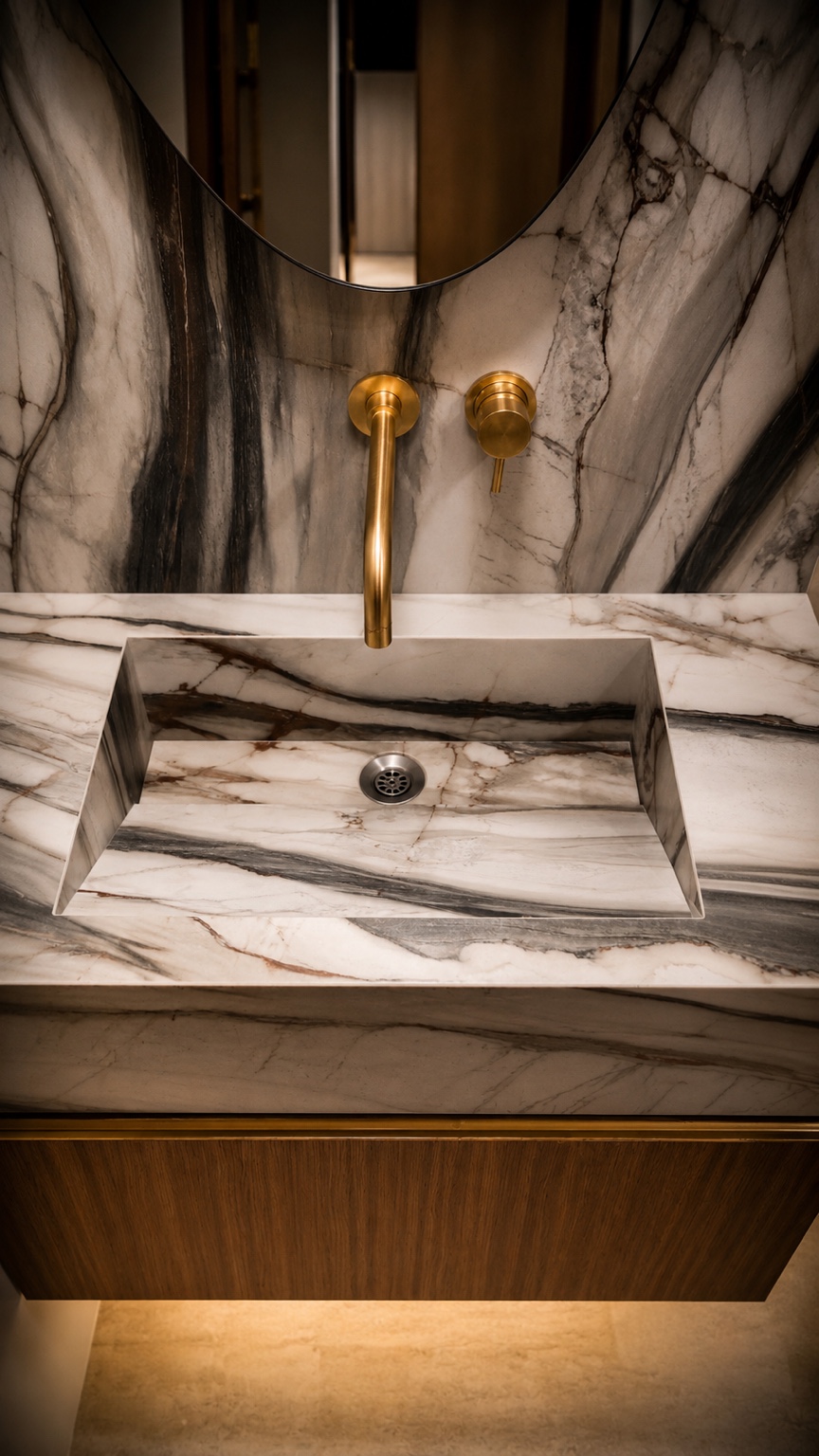 Vasque en marbre sous un miroir organique