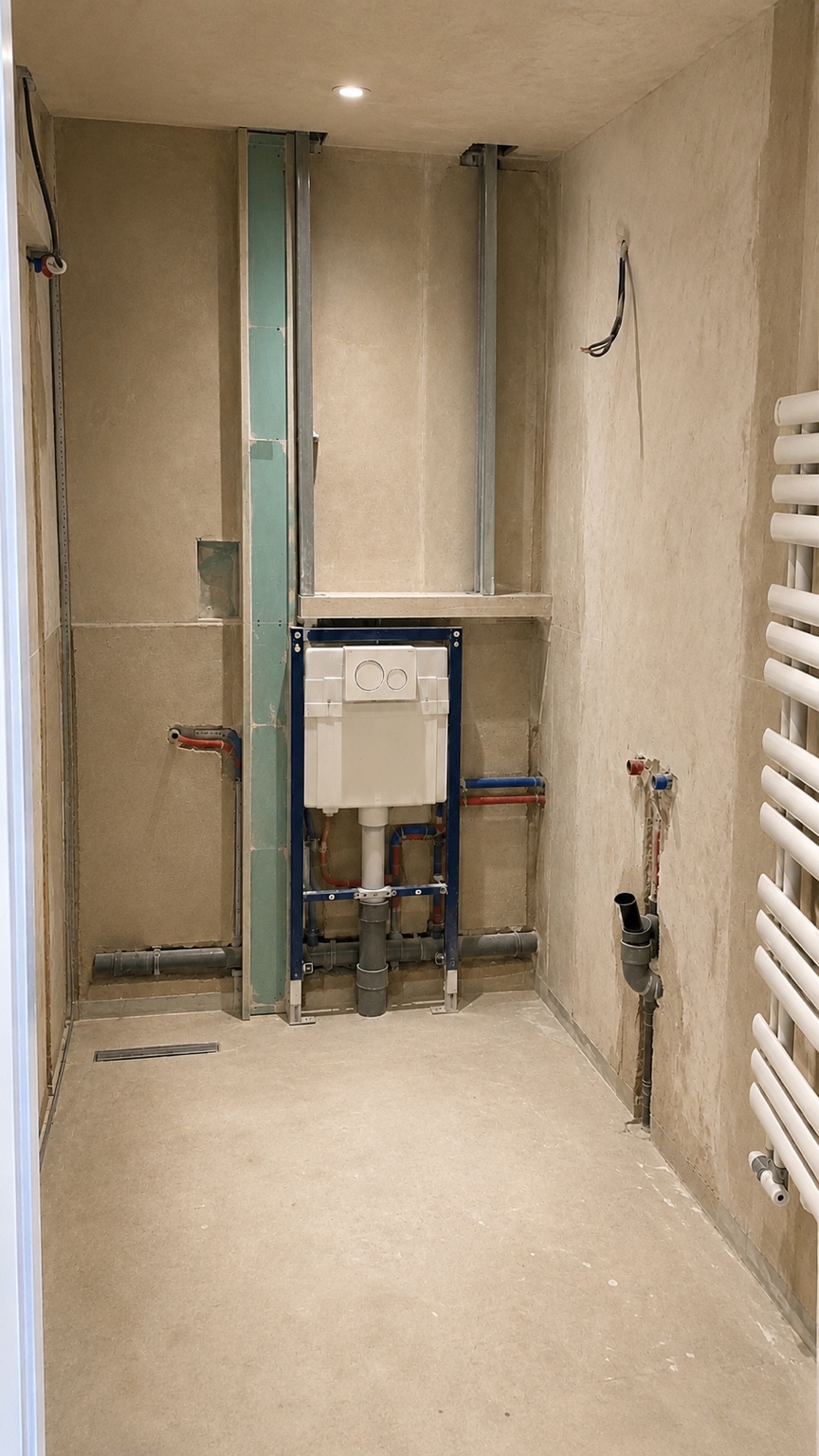 Préparation plomberie et bâti-support dans une salle de bains Solutek